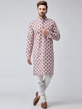 SOJANYA Men Off-White & Red Printed Kurta with Churidar