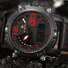 NAVIFORCE  Nf9095 Men Black Watch Sport Led Leather Military Waterproof Dual Time Function Analog Digital Watch