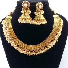 High Gold Faux Pearl Embellished Weave Designed Necklace And Earrings Set