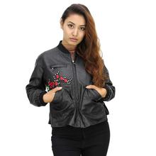 Black Floral Print Leather Jacket For Women