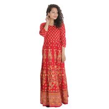 Pkshee Red Printed Rayon Long Flared Kurti/ Gown