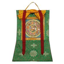 20 cm x 20 cm Green/Golden Mandala Mantra Thangka with 22" x 15" Green Brocade