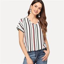 Sheinside V Neck Curved Hem Striped Top Female Short