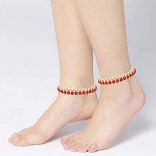 Aheli Traditional Jewellery 18K Gold Plated Kundan Green Faux Bead Fancy Red Anklet For Women