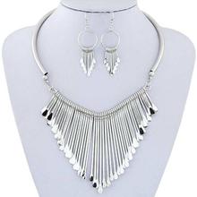 Luxury Womens Metal Tassels Pendant Chain Bib Necklace Earrings Jewelry Set GD