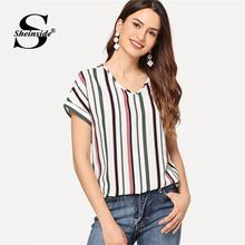 Sheinside V Neck Curved Hem Striped Top Female Short