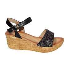 Black Glittered Ankle Strap Wedge Heel Shoes For Women