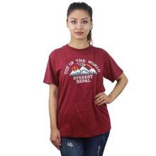 Maroon Round Neck Printed 100% Cotton T-Shirt For Women