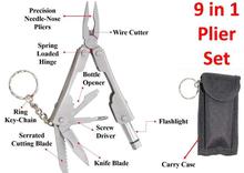 9 in 1 Micro Plier Tool Kit LED Flash Light Knife Blade Cutter Key Ring Multi Tool