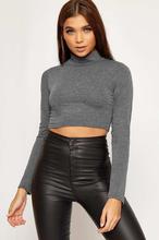 Grey Lycra Full Sleeve Crop T-Shirt For Women