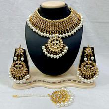 Golden/White Faux Kundan Stone Studded Choker Adjustable Necklace, Earrings and Mangtika Set (JS_140)