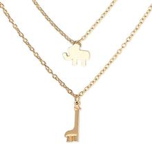 Gold Toned Double-layer Geometric Elephant Giraffe Link Chain Pendant For Women