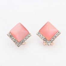 Pink White Opal Stud Rhinestone Geometric Square Earrings