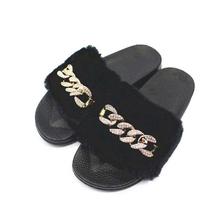 Autumn Winter Fur Shoes Chain Glitter Decoration Non-slip Flat Home Plush Slippers For Women