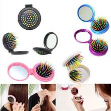 Black Mini Round Foldable Mirror And Hairbrush