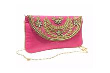 Thread Embroidered Flap Clutch-Pink And Gold