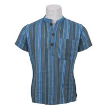 Turquoise Blue Striped Buttoned Cotton Kurta Shirt For Men - MKR5019