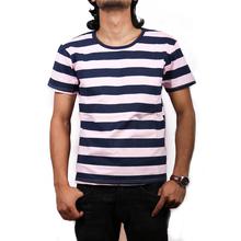 Blue-White Stripped Cotton  Printed T-Shirt For Men