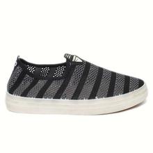 Black Striped Net Slip On Shoes For Women