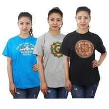 Pack Of 3 Embroidered 100% Cotton T-Shirt For Women- Sky Blue/Grey/Black