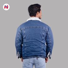 Nyptra Dark Blue Solid Fur Denim Jacket For Men