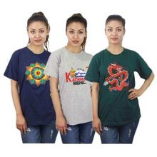 Pack Of 3 Embroidered 100% Cotton T-Shirt For Women- Blue/Grey/Green