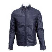 Navy Solid Zippered Leather Jacket