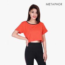 METAPHOR Orange/Black Plain Crop T-Shirt (Plus Size) For Women - MT01CMI