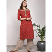 Women Red & Off-White Printed Straight Kurta