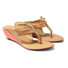 Peach/Brown V Strap Wedge Heel Shoes For Women