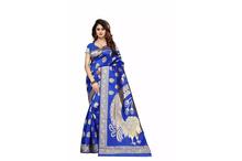 Floral Printed Banarsai Silk Saree With Blouse For Women - Royal Blue