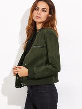 Olive Green Faux Suede Hidden Zip Bomber Jacket