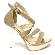 Golden Glittered Ankle Strap Pencil Heel Shoes For Women