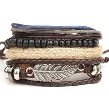 Fashion 4pcs/set Handmade Trendy Vintage Bracelets Female Homme Male Punk Wood Bead Charm Men Leather Bracelet For Women Jewelry