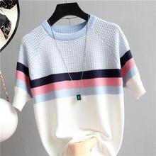 shintimes Plaid T Shirt Women Striped Tshirt Knitted