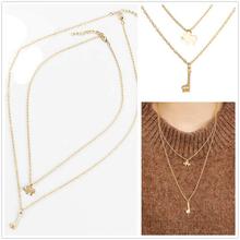 Gold Toned Double-layer Geometric Elephant Giraffe Link Chain Pendant