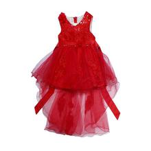 Red Net Embroidered Flared Dress For Girls