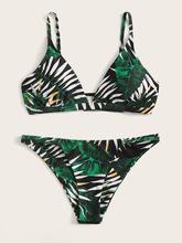 Palm Print Top With Tanga Bikini Set