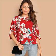 SHEIN Red Bohemian Butterfly Half Sleeve Floral Print