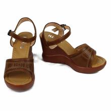 Brown Laser Cut Ankle Strap Wedge Heel Shoes For Women