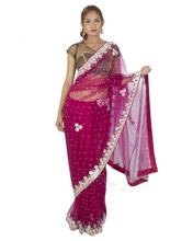 Dark Magenta Net Sari With Stones Work