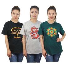 Pack Of 3 Embroidered 100% Cotton T-Shirt For Women- Black/GreyGreen