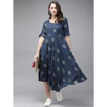 Women Navy Blue & Green Fusion Printed A-Line Kurta