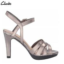 Clarks Adriel Wavy Pewter  Leather Wavy Heeled Sandals For  Women