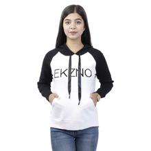 Two Toned 'EKZNO' Printed Side Slit Hoodie For Women