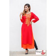 Red Flowery Printed Double Layer Kurti For Women