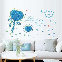 Blue Flowers With Love Heart Shape Butterfly Wall Decal Wall Stickers