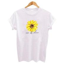 Sun Flower Letter Print T-shirt Short Sleeve Round Neck Slim