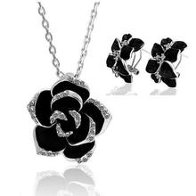 Fashion Rose Flower Enamel Jewelry Set Rose Gold Color Black