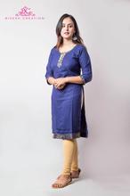 Women Brockette Laced Borderd Kurti with Cotton Leggings set – Navy Blue